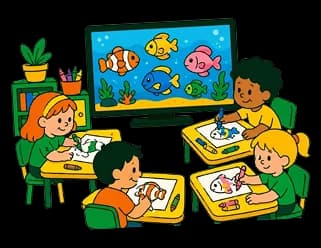 Kinder malen Fische an einem Klassentisch mit einem gemeinsamen Aquarium-Bildschirm