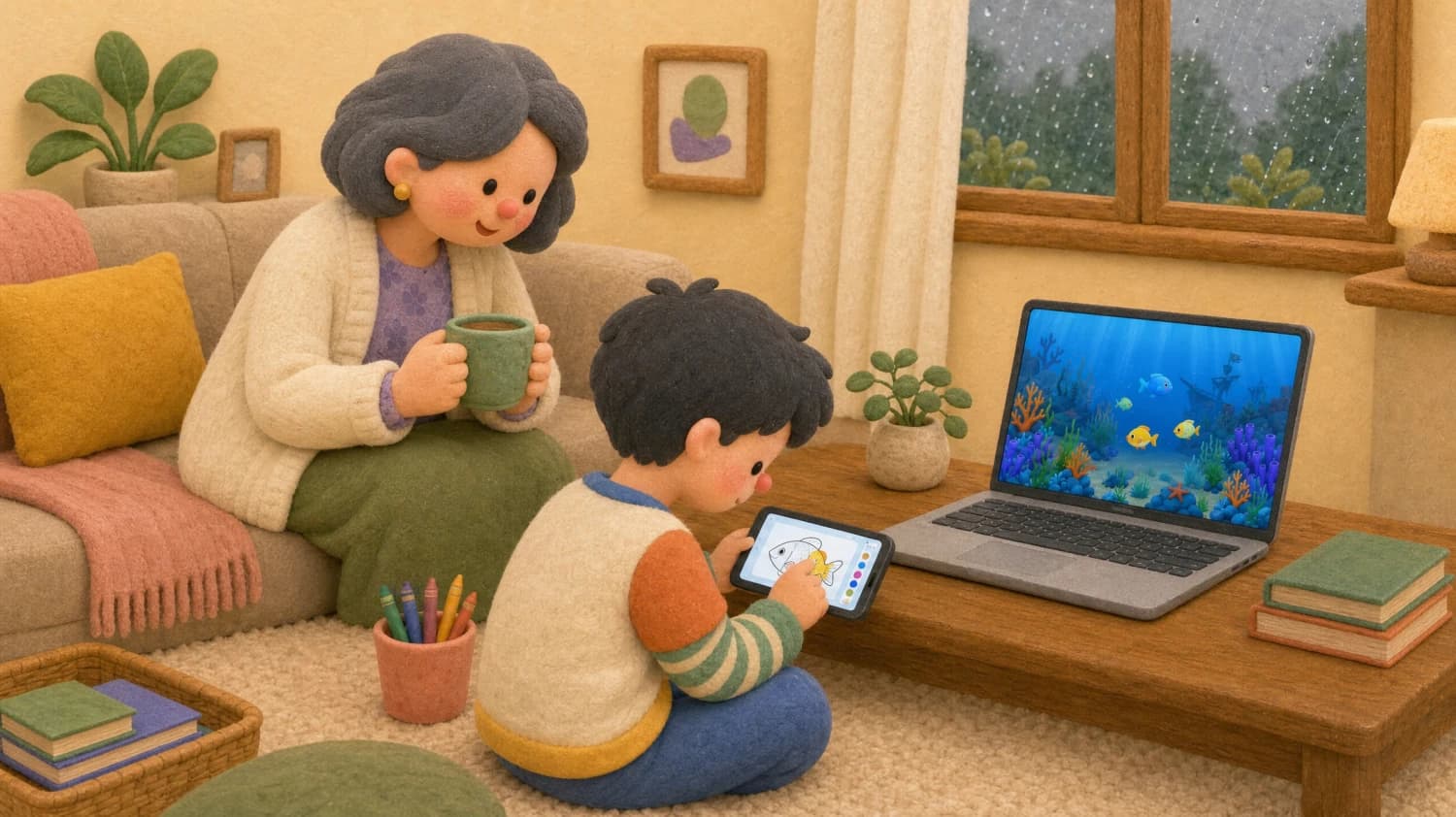 A child drawing on a phone while a laptop displays the reef aquarium