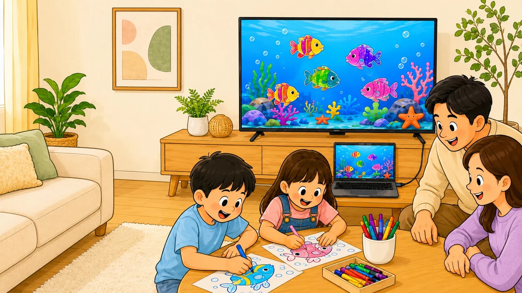Eine Familie sieht ihren ausgemalten Fischen beim Schwimmen im Aquarium auf dem großen Fernseher zu Hause zu