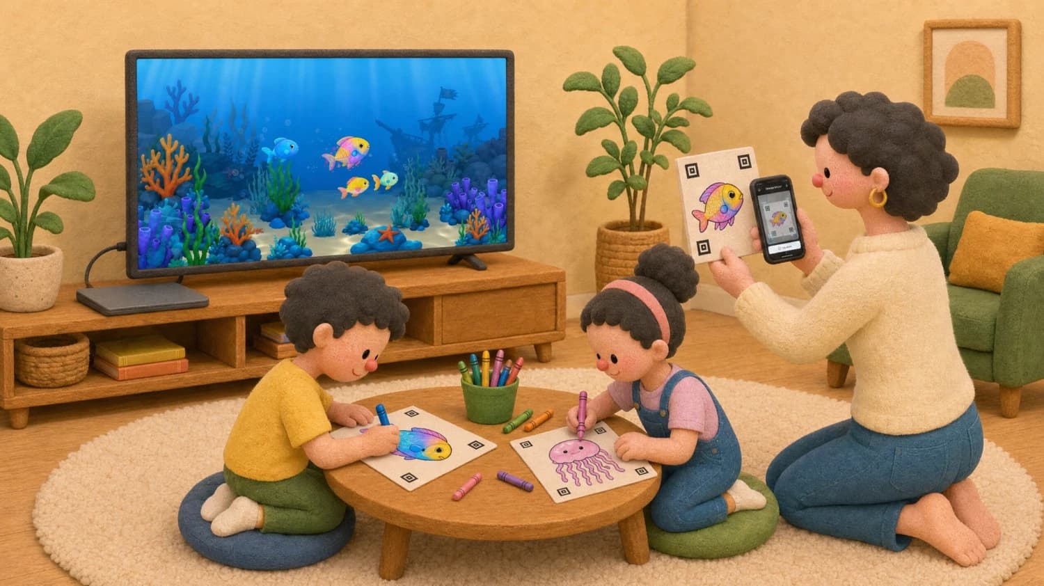 A child coloring a fish with crayons on paper, ready for the big screen