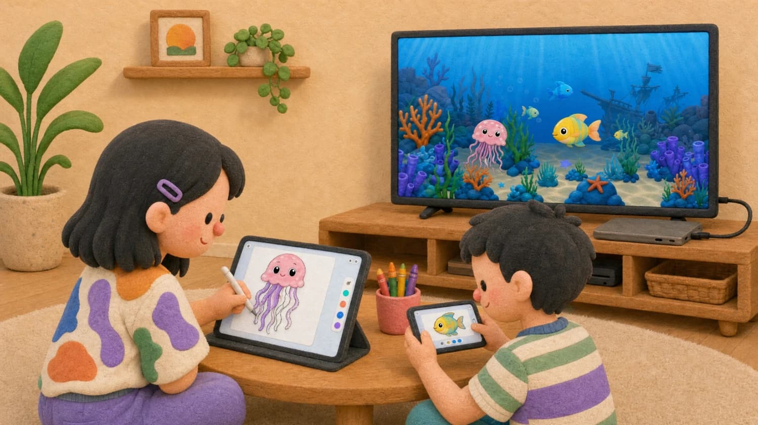 Two kids drawing together — one on a tablet, one on an iPhone