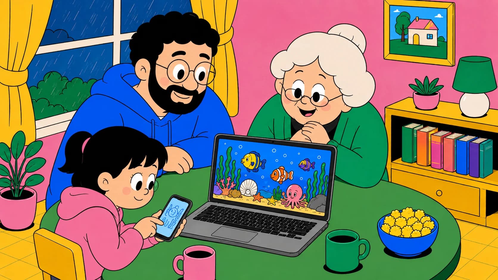 Ein Kind zeichnet auf dem Handy, während ein Laptop das Riff-Aquarium zeigt
