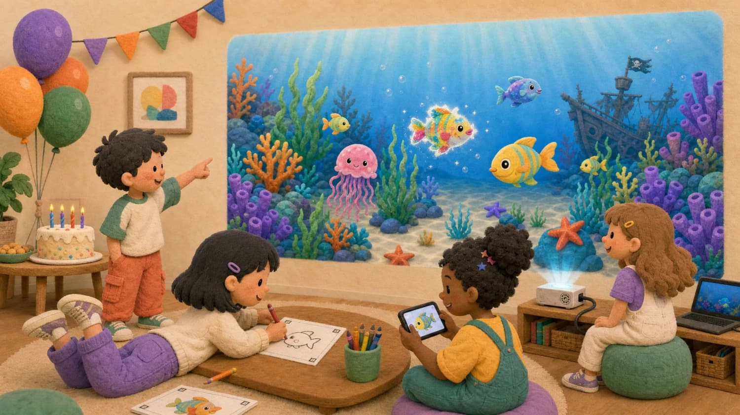 A projector throwing a wall-sized glowing reef as kids watch in a darkened room