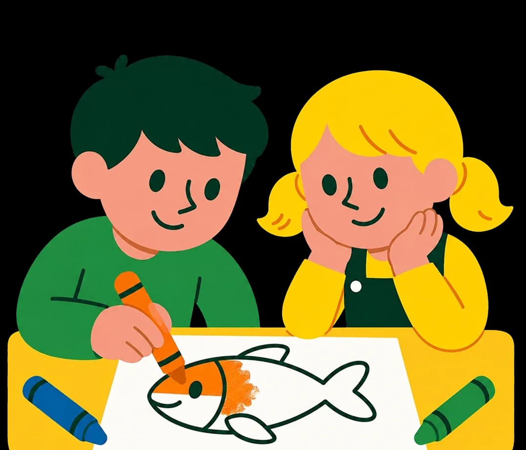 Zwei Kinder malen mit Buntstiften einen Fisch auf Papier