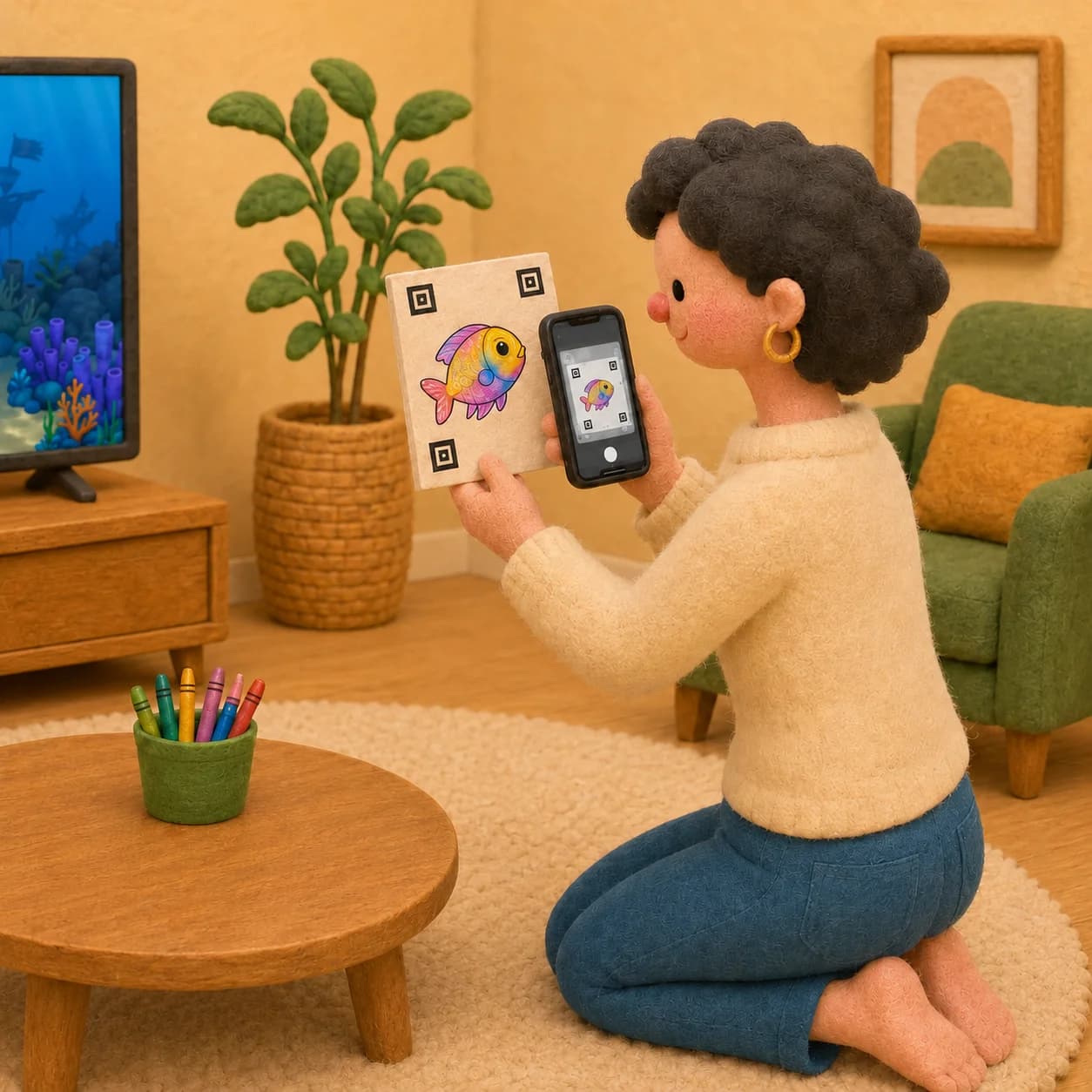 Two kids coloring fish at the coffee table while a parent photographs a finished drawing, the reef already swimming on the TV behind them