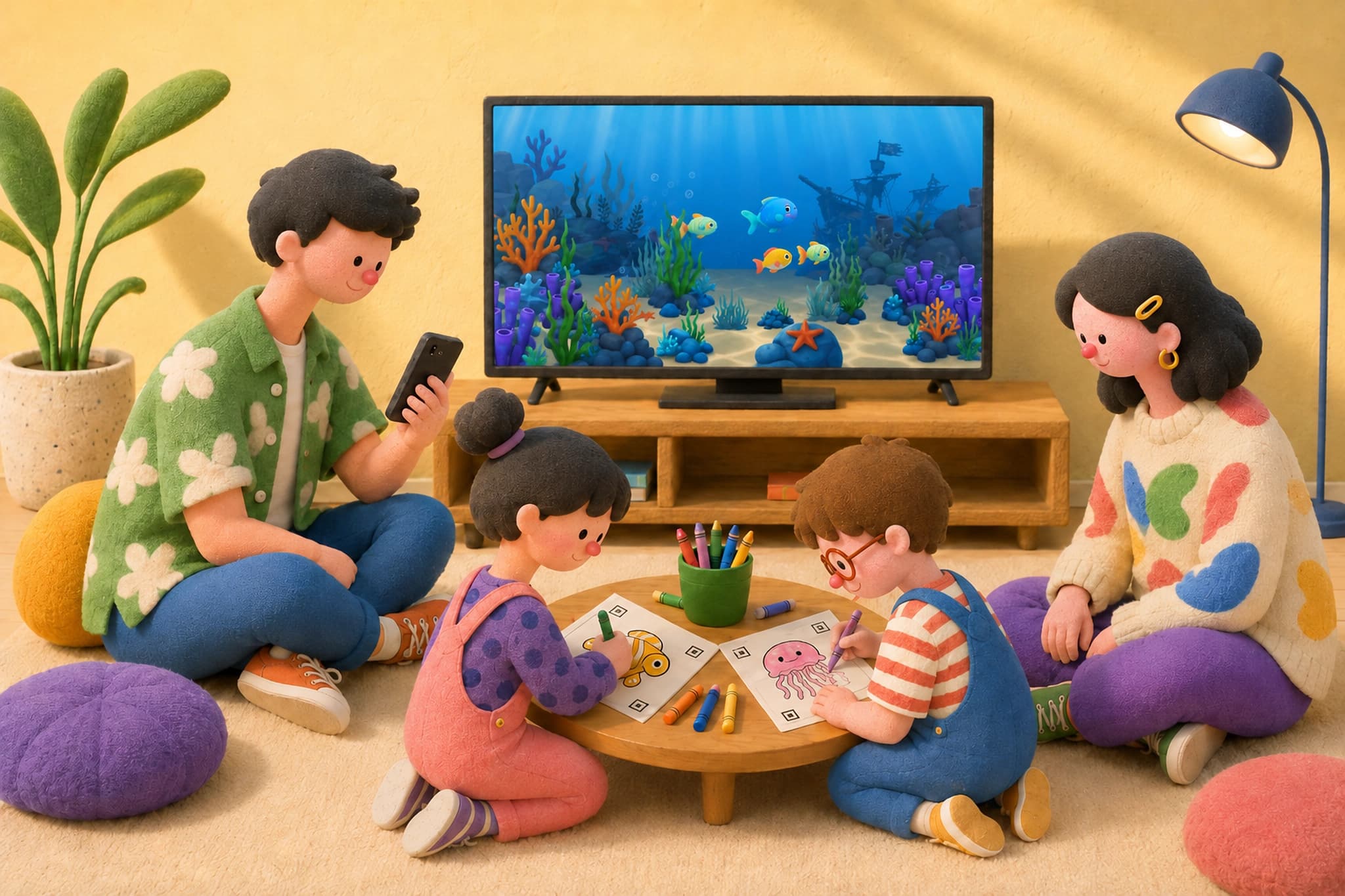 A family watching their colored fish swim in the aquarium on the big-screen TV at home