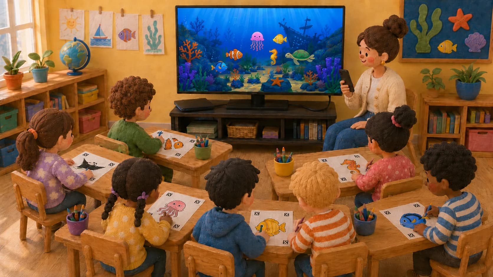 Kids coloring fish at a classroom table with a shared aquarium screen