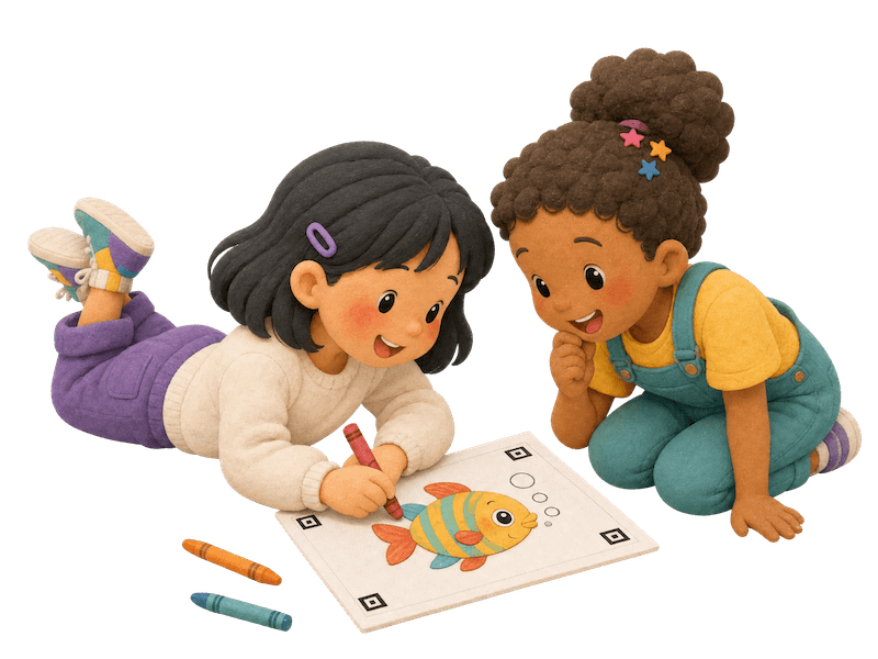 Two kids coloring a fish on paper with crayons